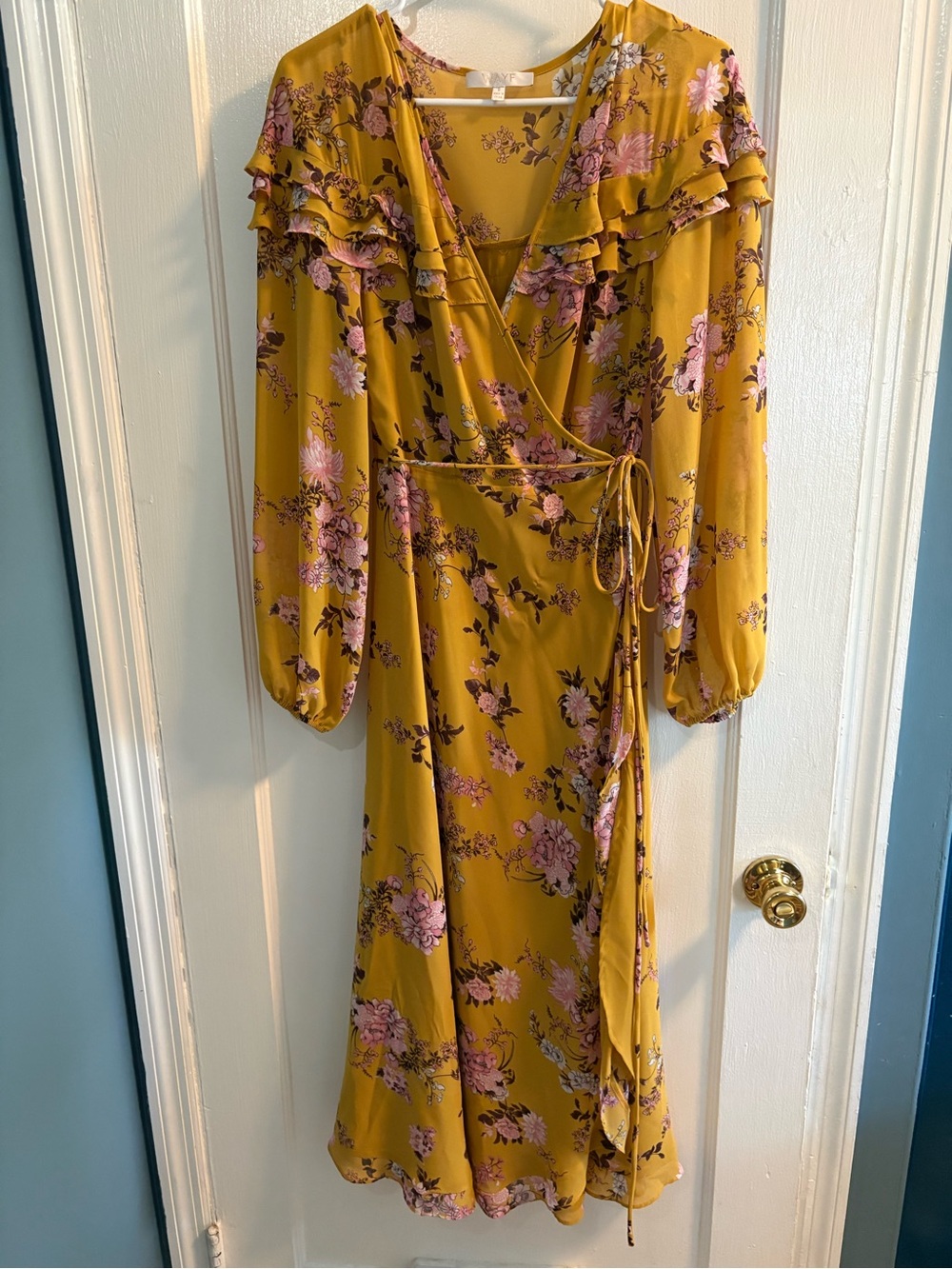 Wayf Mustard Floral Wrap Midi Dress with Pink Blooms